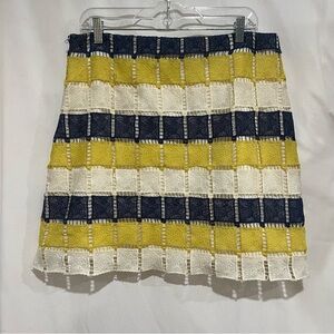 Anthropologie Hutch Women’s mini Skirt Blue/Yellow Crochet Patterned Size 12